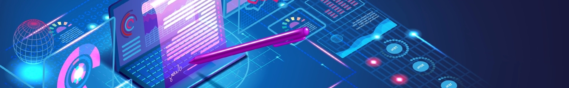Abstract digital illustration of a laptop, tablet, and data dashboards with glowing charts and analytics elements in blue and pink tones.
