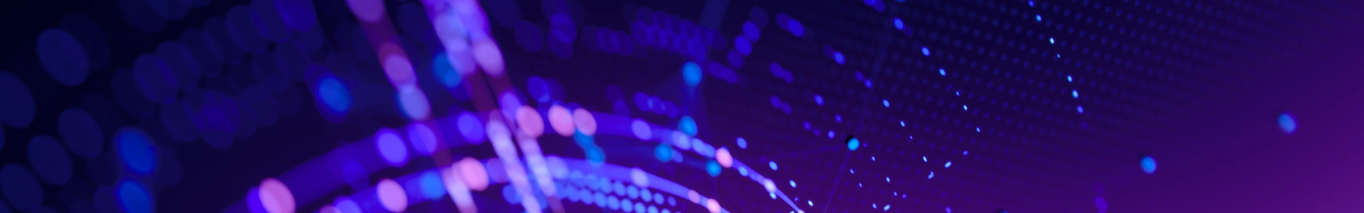 Abstract purple and blue digital background with curved dotted lines and glowing light particles.